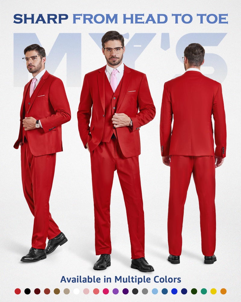 MYS MY'S Men's 3 Piece Suit Set with Tie, One Button Slim Fit Solid Jacket Vest Pants, Prom Party Wedding Business Suits for Men, Red X-Small - Image 2